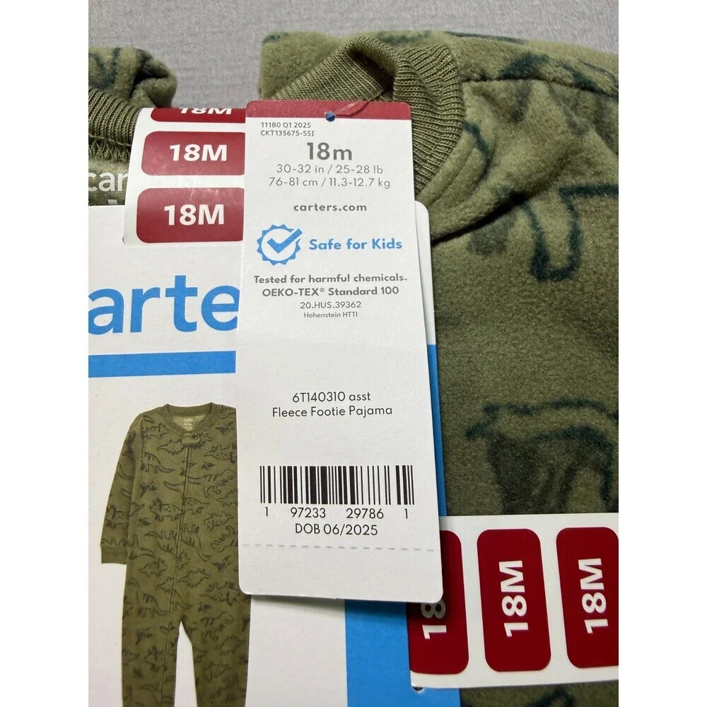 NWT Carter's Fleece Footie Pajama Toddlers 18M Green Animal Print Casual Wear